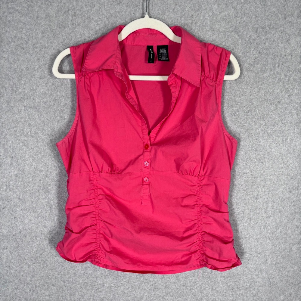 Vintage Ruched Button Up Blouse Large Pink Stretch Top Office Siren Hong Kong